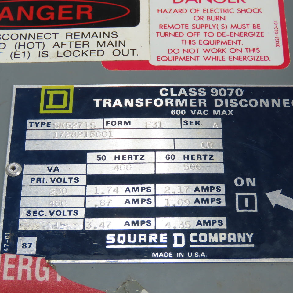 Square D SK5271S Ser A Class 9070 Disconnect Transformer Pri 230/460V Sec 115V