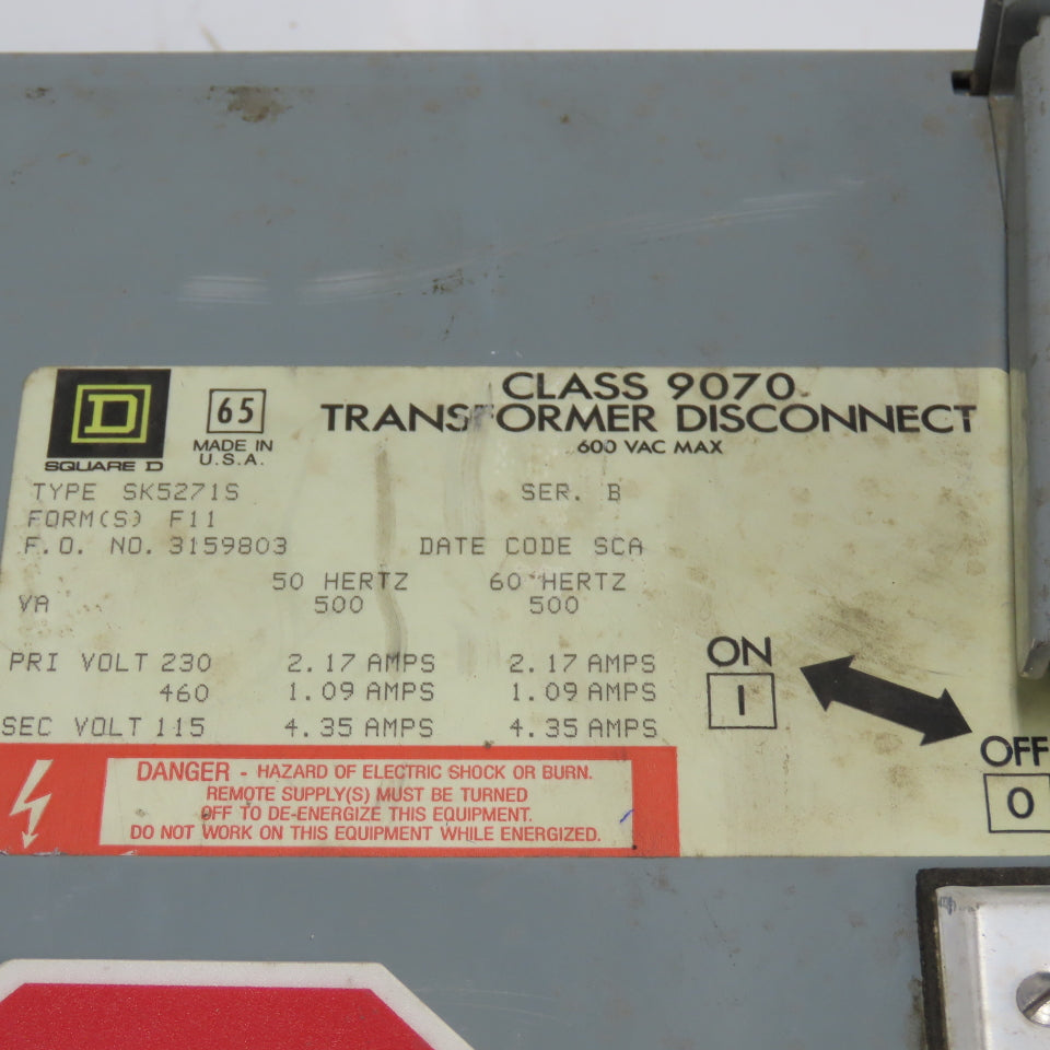 Square D SK5271S Ser B Class 9070 Disconnect Transformer Pri 230/460V Sec 115V