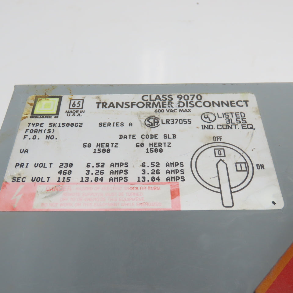 Square D SK1500G2 Ser A Class 9070 Pri 230/460V Sec 115V Transformer Disconnect