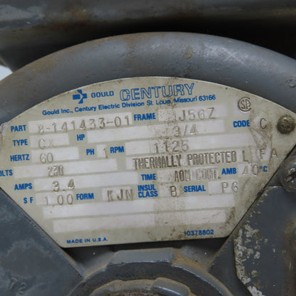 Gould 8-141433-01 3/4Hp 125RPM 230V 1Ph AC Motor