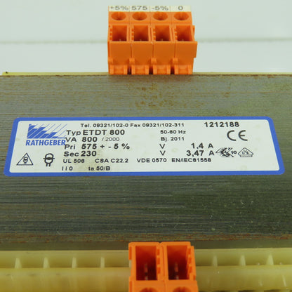 Rathgeber ETDT 800 800VA Transformer Pri 575V Sec 230V 50/60Hz3.47A
