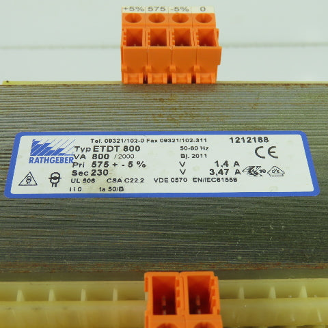 Rathgeber ETDT 800 800VA Transformer Pri 575V Sec 230V 50/60Hz3.47A