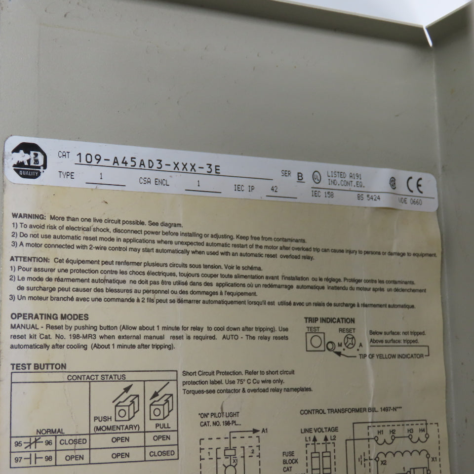 Allen Bradley 109-A45AD3-XXX-3E 30HP Manual Motor Starter 120V Coil W/Trip 30-45