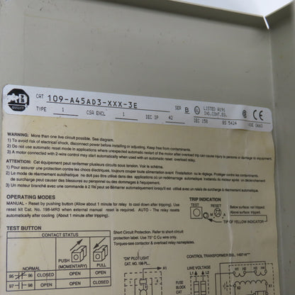 Allen Bradley 109-A45AD3-XXX-3E 30HP Manual Motor Starter 120V Coil W/Trip 30-45