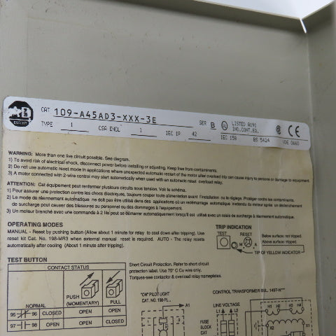 Allen Bradley 109-A45AD3-XXX-3E 30HP Manual Motor Starter 120V Coil W/Trip 30-45