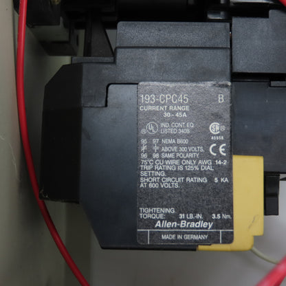 Allen Bradley 109-A45AD3-XXX-3E 30HP Manual Motor Starter 120V Coil W/Trip 30-45