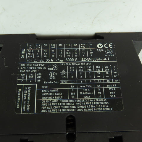 Moeller DIL MC 17-10 3-Pole Contactor 600VAC 40A 3Ph