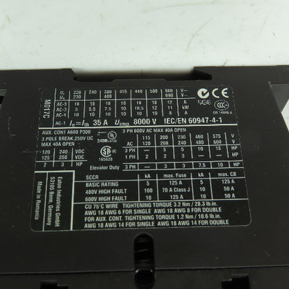 Moeller DIL MC 17-10 3-Pole Contactor 600VAC 40A 3Ph
