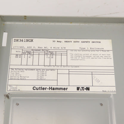 Cutler Hammer DH361NGK 30A Fusible Heavy Duty Safety Disconnect Switch 600V
