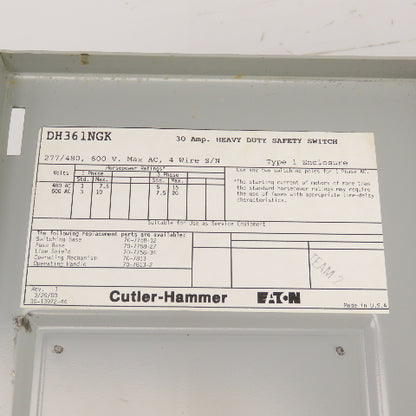 Cutler Hammer DH361NGK 30A Fusible Heavy Duty Safety Disconnect Switch 600V