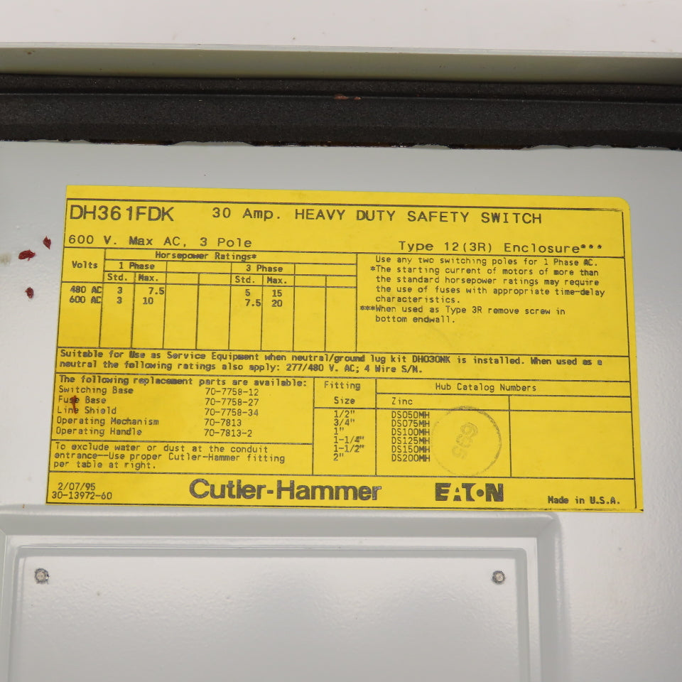 Cutler Hammer DH361FDK 30A Fusible Heavy Duty Safety Disconnect Switch 600V 3R
