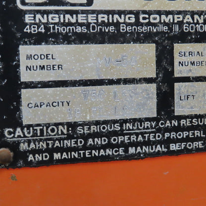 Economy MV-54 750LB Capacity Manual Powered Die Lift Stacker Straddle 53" Height