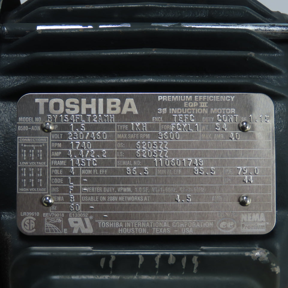 Toshiba BY154FLT2AHH 1.5HP 3Ph Electric Motor 230/460V 145TC Frame Type IKH