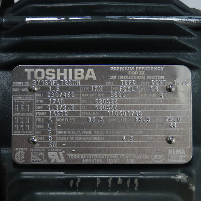 Toshiba BY154FLT2AHH 1.5HP 3Ph Electric Motor 230/460V 145TC Frame Type IKH