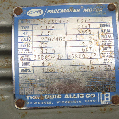 Louis Allis 19289R-3 Pacemaker 7.5Hp 3495RPM 230/460V 3Ph AC Motor 213T Frame