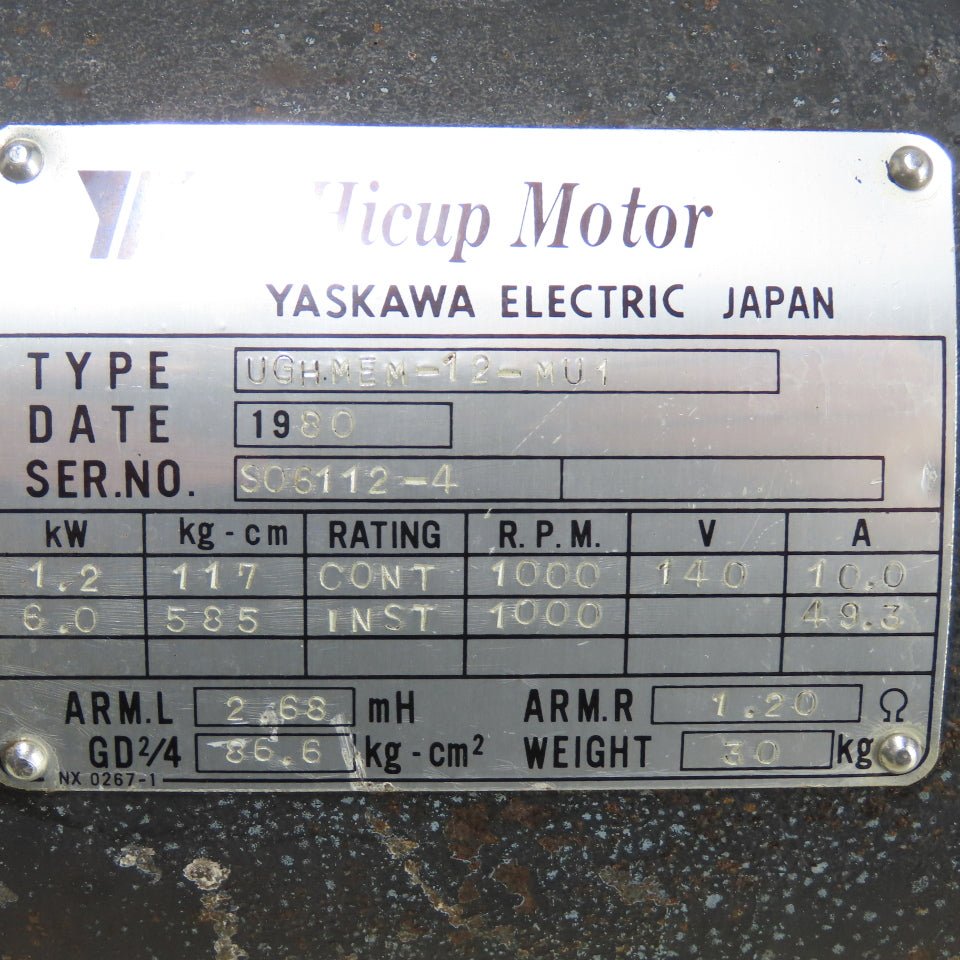 Yaskawa UGHMEM-12-MU1 1.2/6.0KW Electric Hicup Motor 140V 1000RPM W/ TFUE-25ZC7