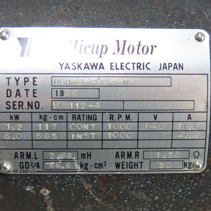 Yaskawa UGHMEM-12-MU1 1.2/6.0KW Electric Hicup Motor 140V 1000RPM W/ TFUE-25ZC7