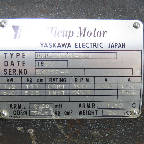 Yaskawa UGHMEM-12-MU1 1.2/6.0KW Electric Hicup Motor 140V 1000RPM W/ TFUE-25ZC7