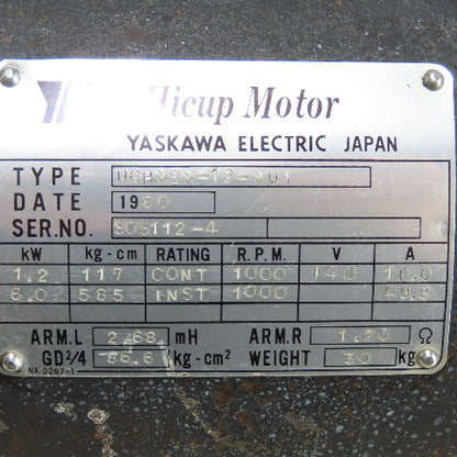 Yaskawa UGHMEM-12-MU1 1.2/6.0KW Electric Hicup Motor 140V 1000RPM W/ TFUE-25ZC7