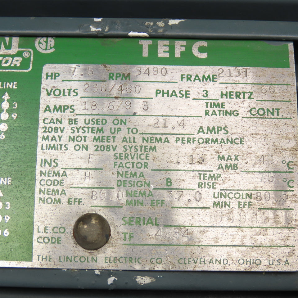 Lincoln Electric 7.5Hp 3490RPM 230/460V 3Ph AC Motor 213T Frame Tested