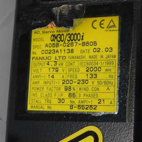 Fanuc A06B-0267-B605 4.3kW 2000RPM 179V AC Servo Brake Motor W/ Pulsecoder