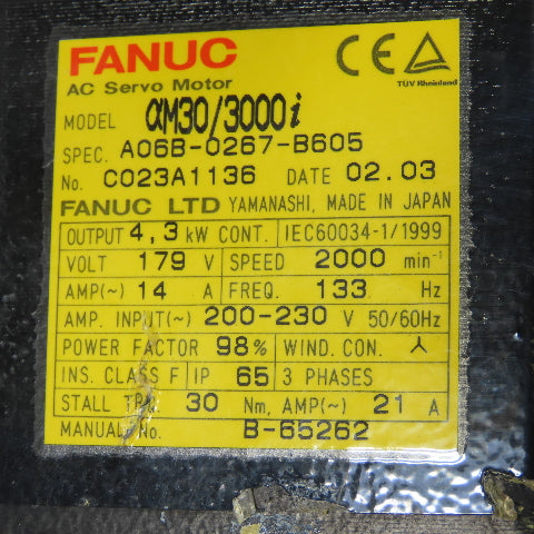 Fanuc A06B-0267-B605 4.3kW 2000RPM 179V AC Servo Brake Motor W/ Pulsecoder
