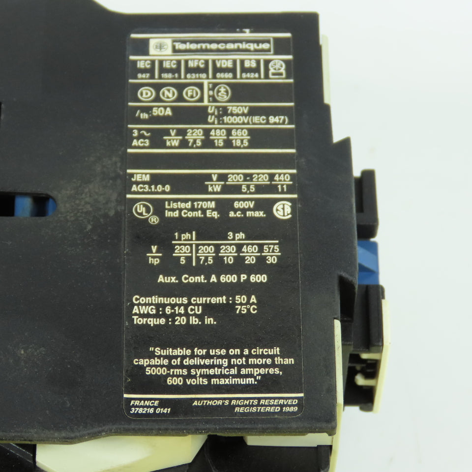 Telemecaniue LP1D3201 20HP Power Relay Contactor 50A 24VDC Coil 600V