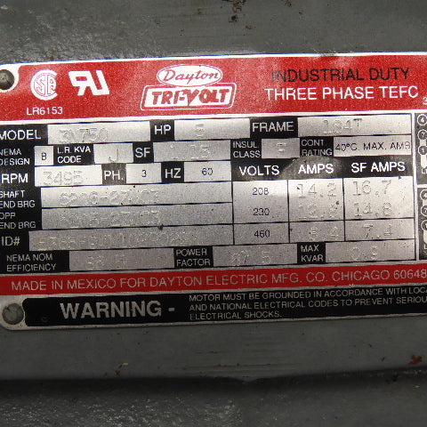 Dayton 3N750 5Hp 3495RPM 208-230/460V 3Ph 50/60Hz AC Motor