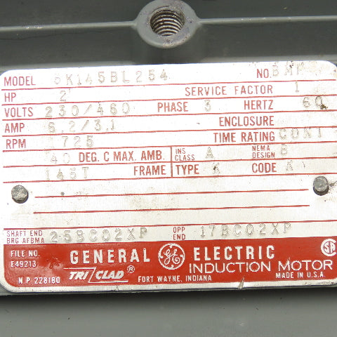 General Electric K145BL254 2Hp 1725RPM 230/460V 3Ph AC Motor