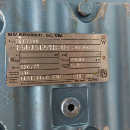 Sew Eurodrive KA87AD3 127:1 Right Angle Thru Shaft Gear Reducer 23,900 in/lbs.