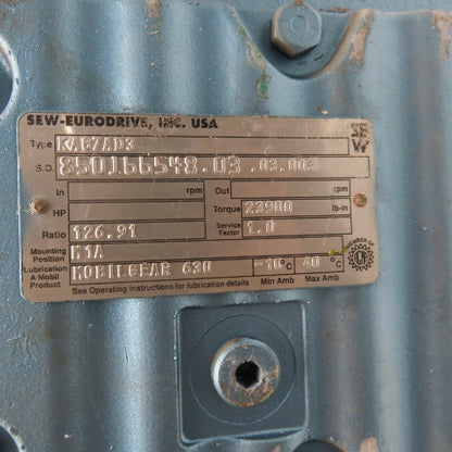 Sew Eurodrive KA87AD3 127:1 Right Angle Thru Shaft Gear Reducer 23,900 in/lbs.