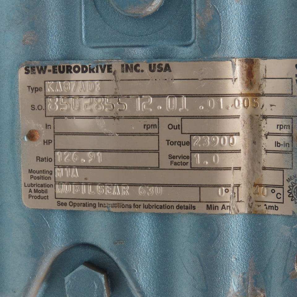 Sew Eurodrive KA87AD3 127:1 Right Angle Thru Shaft Gear Reducer 23,900 in/lbs.