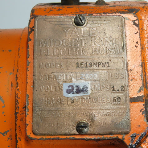 Yale 1E13W1 1/2 Ton 1000LB Electric Chain Hoist 3Ph 230V 12' Lift