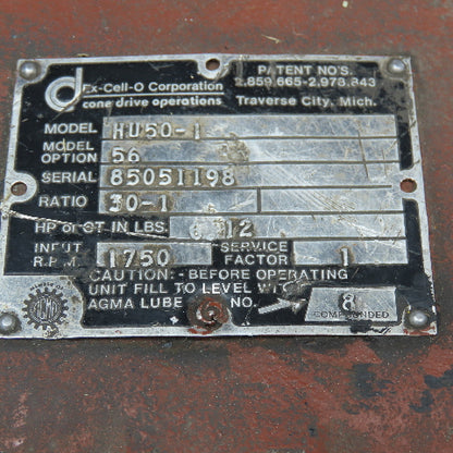 Cone Drive Ex-Cell-O HU50-1 30:1 Ratio Right Angle Gear Reducer Parts/Repair