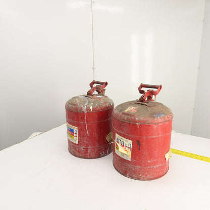 Justrite Red Steel Safety Gas Can 5-Gallon Capacity Lot Of 2