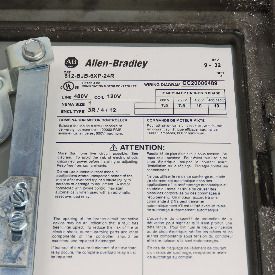 Allen Bradley 512-BJB-6XP-24R Size 1 Combination Motor Starter 10HP 120V Coil