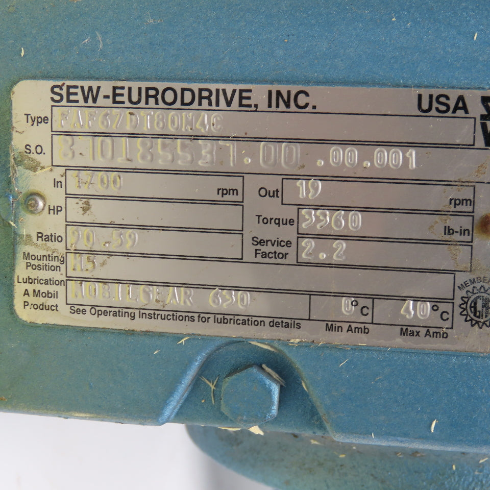 Sew FAF67DT80N4C 90.59:1 Ratio 1Hp 230/460V 3Ph 19RPM Gear Motor
