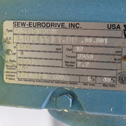 Sew FAF67DT80N4C 90.59:1 Ratio 1Hp 230/460V 3Ph 19RPM Gear Motor