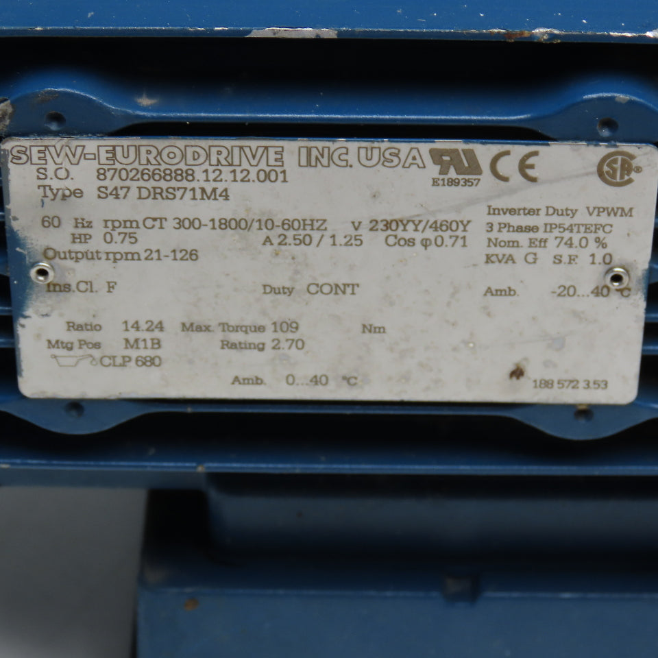 Sew S47 DRS71M4 14.24:1 Ratio 3/4Hp 230/460V Gear Motor 21-126RPM Output