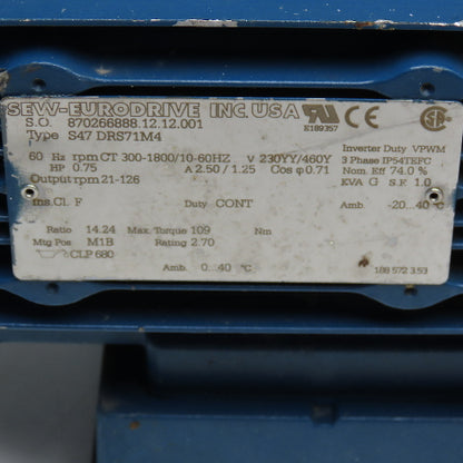 Sew S47 DRS71M4 14.24:1 Ratio 3/4Hp 230/460V Gear Motor 21-126RPM Output