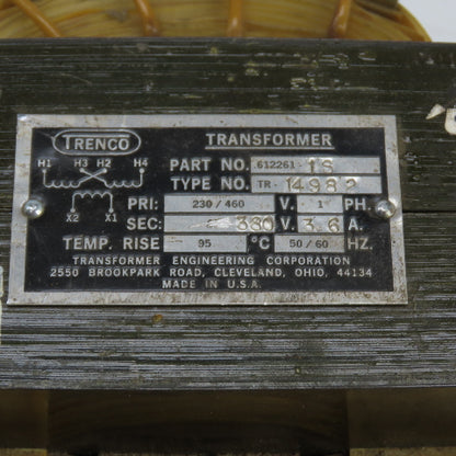 Trenco 612261-1S Industrial Control Transformer Pri 230/460V Sec 380V 1PH 3.6A