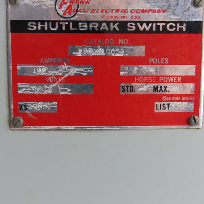 Frank Adam PPSA-10633 Shutlbrak Buss Switch 100A 3PH 3-Wire 480V 25/50HP