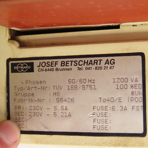 Josef Betschart TUV 168/9751 1200VA Single Phase Transformer Pri 230V Sec 230V