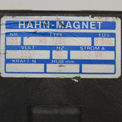 Hahn Magnet WS 7/28 115V 60Hz Electromagnet 173VA
