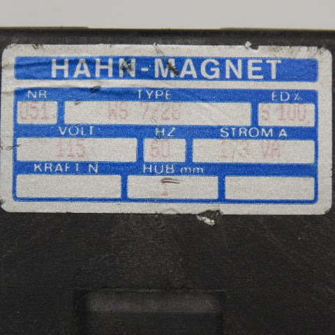 Hahn Magnet WS 7/28 115V 60Hz Electromagnet 173VA