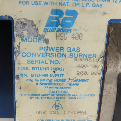 Blue Angel HSG 400 Natural/LP Power Gas Burner 115V 60Hz 400,000 BTU/HR Max