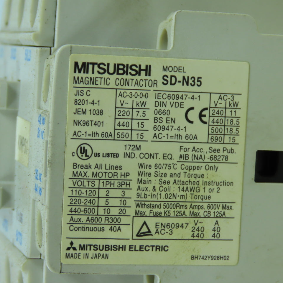 Mitsubishi SD-N35 20HP 40A Magnetic Contactor 24V DC Coil Lot Of 2