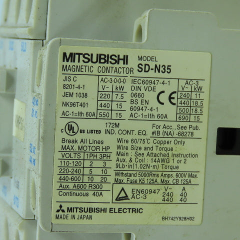 Mitsubishi SD-N35 20HP 40A Magnetic Contactor 24V DC Coil Lot Of 2