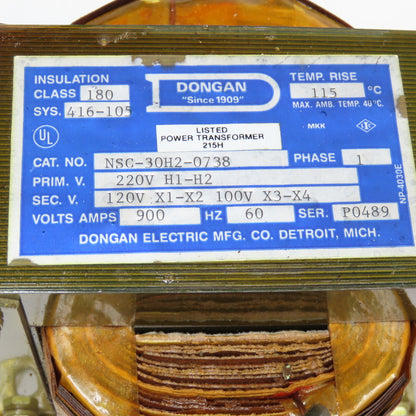Dongan NSC-30H2-0738 E2500-001-002 220V Pri 900VA 1Ph Transformer 120/100V Sec.