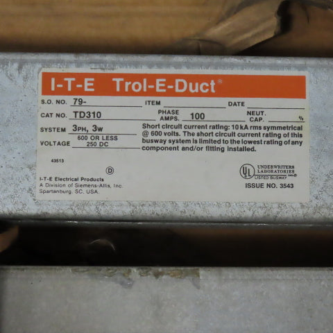 ITE TD310 Trol-E-Duct 90' Copper Busway 100A 3-Phase 3W 600VAC (9 Sections)
